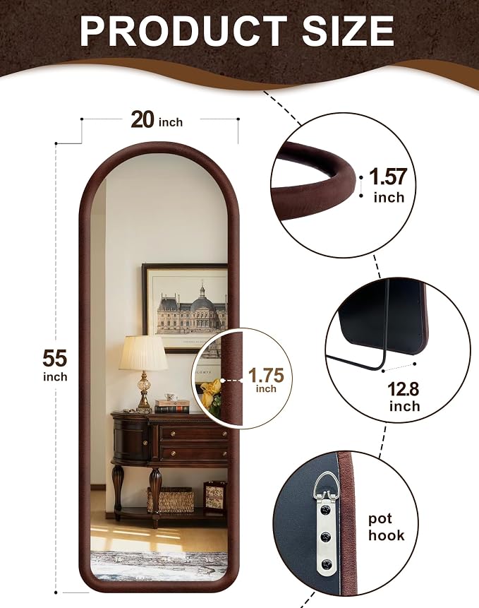 Delma Arched Full Length Mirror, Free Standing Floor Velvet Finish Frame Mirror - Image 2