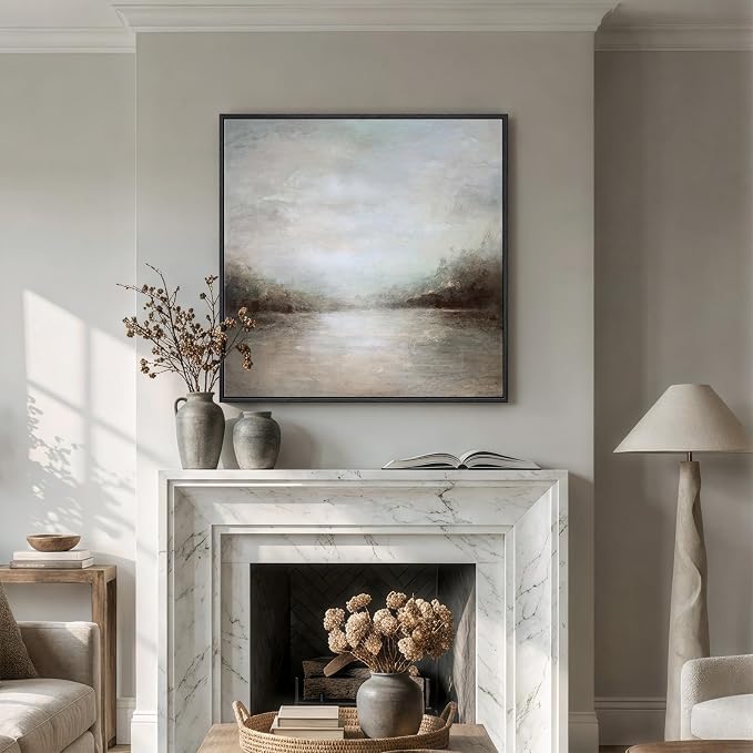 Framed Abstract Lake Landscape Wall Art, Modern Neutral Canvas Prints Artwork - Image 4