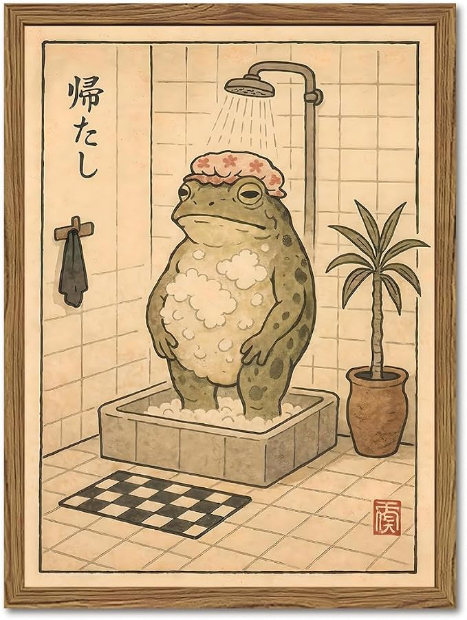 Funny Japanese Frog Bathroom Wall Art Whimsical Frog Shower Wall Decor 16x24 by YYNISPINWallArt