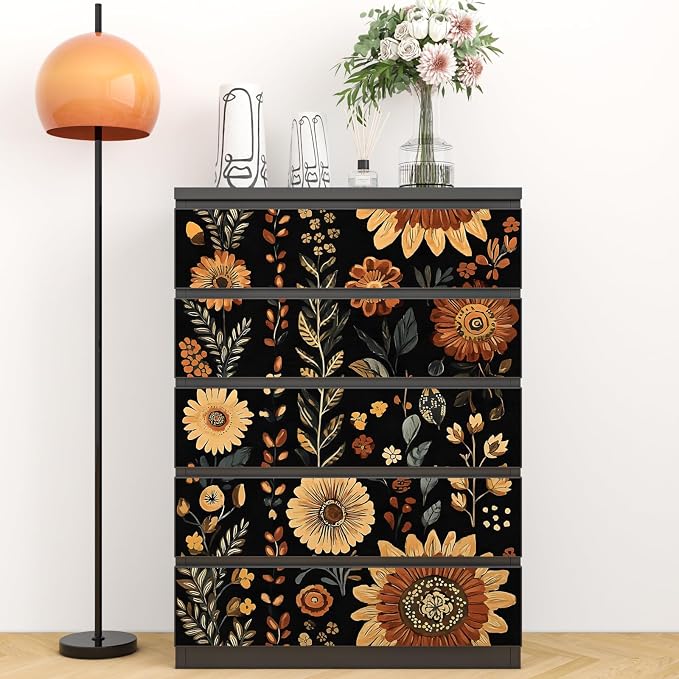 Boho Dark Floral Peel and Stick Wallpaper, Vintage Black Brown Flower Pattern - Image 8