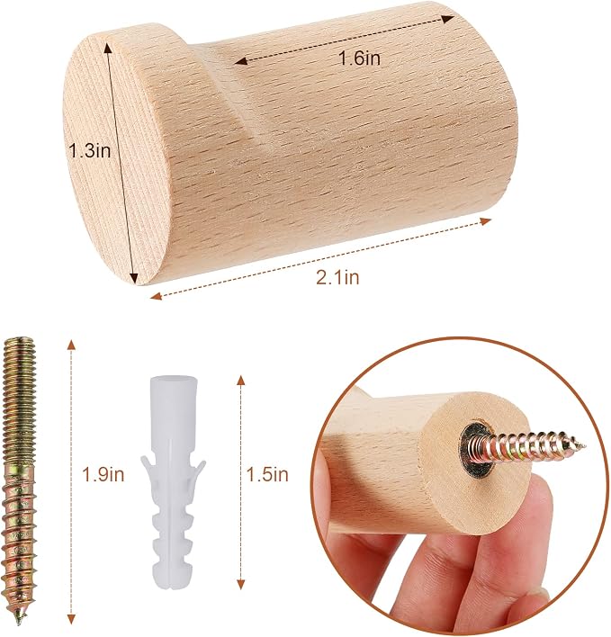 bsdonte Wood Wall Hooks, 4 Pack Natural Wooden Coat Hooks Wall Mounted - Image 5