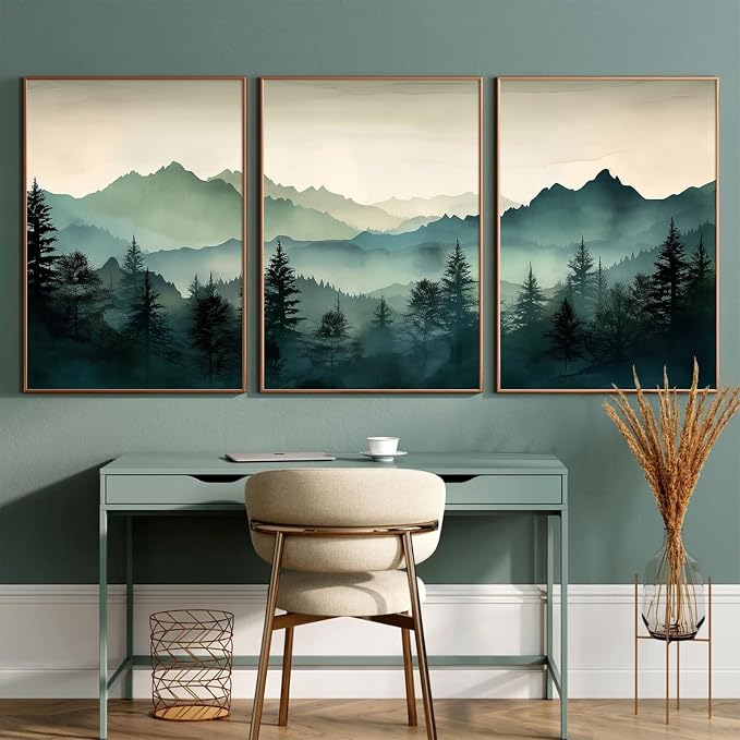 Mountain Wall Art Decor Set of 3 Sage Green Forest Canvas Wall Art Prints - Image 6