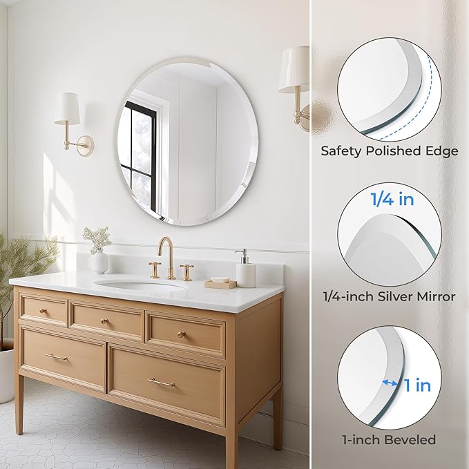 USHOWER Frameless Round Bathroom Mirror 24", Circle Vanity Mirror - Image 2