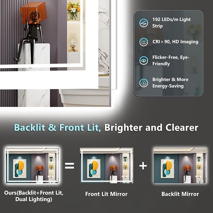 48x36 LED Bathroom Mirror with Lights, Backlit and Front Lit Anti-Fog Lighted - Image 3