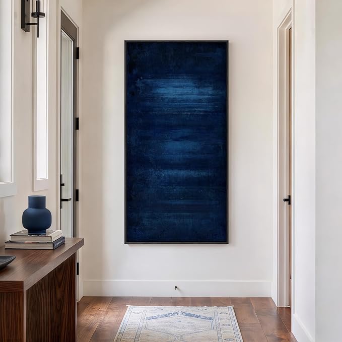 Large Framed Navy Blue Abstract Wall Art, Modern Vertical Canvas Prints - Image 2