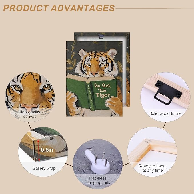 ALMLZL Funny Tiger Reading Book Wall Art Motivational Animal Reading Canvas - Image 6