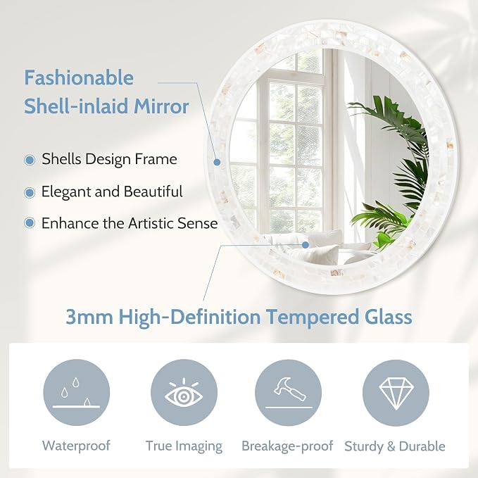 Tanmicoshomy Round Wall Mirror 30 Inch, Natural Shell Framed Circle Mirrors - Image 2