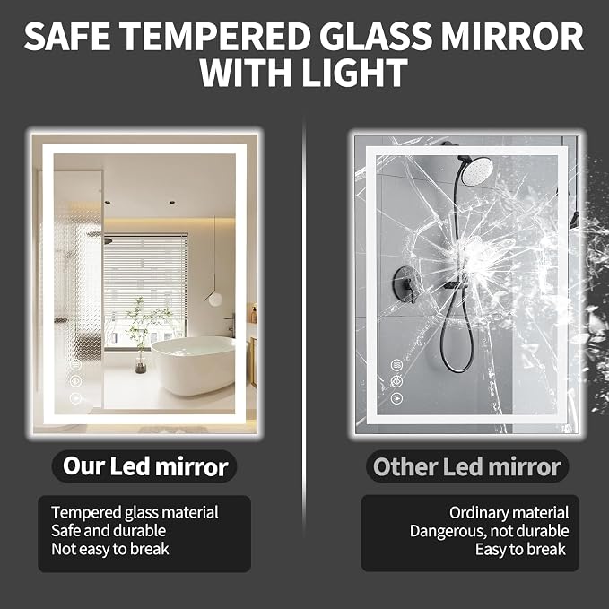 Koonmi 28"x20" LED Mirror for Bathroom, 90CRI Anti-Fog Vanity Mirror - Image 4