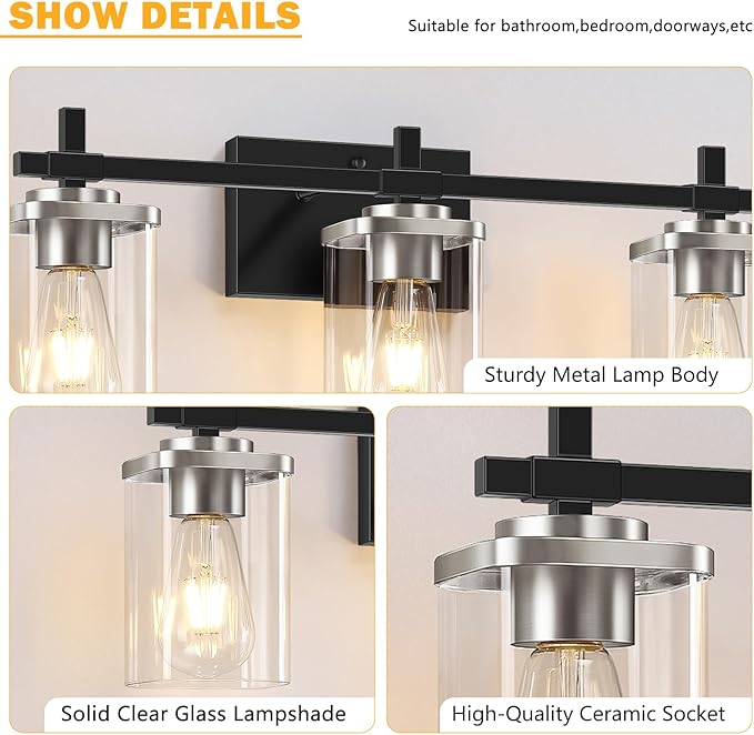 3-Lights Black and Brushed Nickel Bathroom Light Fixtures, Modern Black and - Image 4