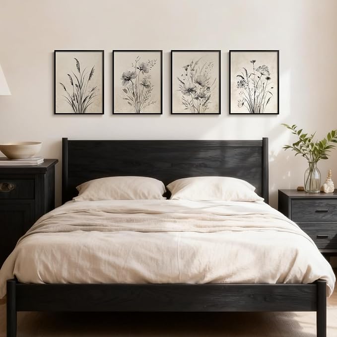 Framed Boho Vintage Botanical Wall Art, 4 Piece Black and White Floral Canvas - Image 2