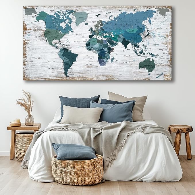 Teal Decor map of the world Canvas Wall Art Pictures - Image 2
