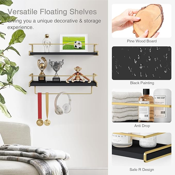 Forbena Black and Gold Bathroom Floating Shelves - Image 6