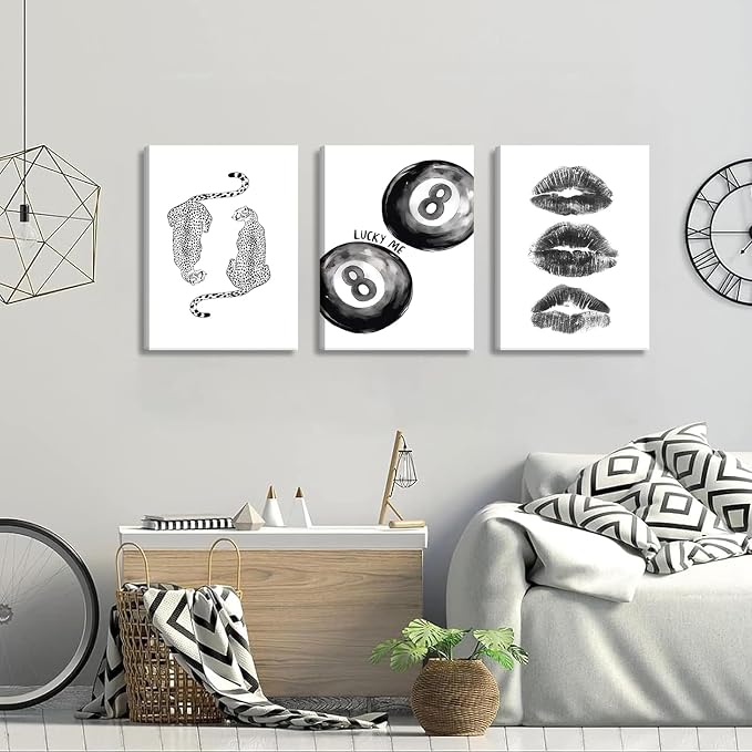 BOKPEN Trendy Black and White Leopard Canvas Wall Art, Funky Y2k Lucky 8 Ball - Image 4