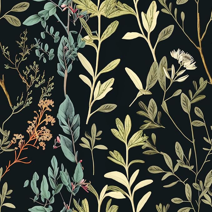Blue/Brown/Yellow Wildflowers Grass in Black Leaf Flowers Peel and Stick by VistaPalette