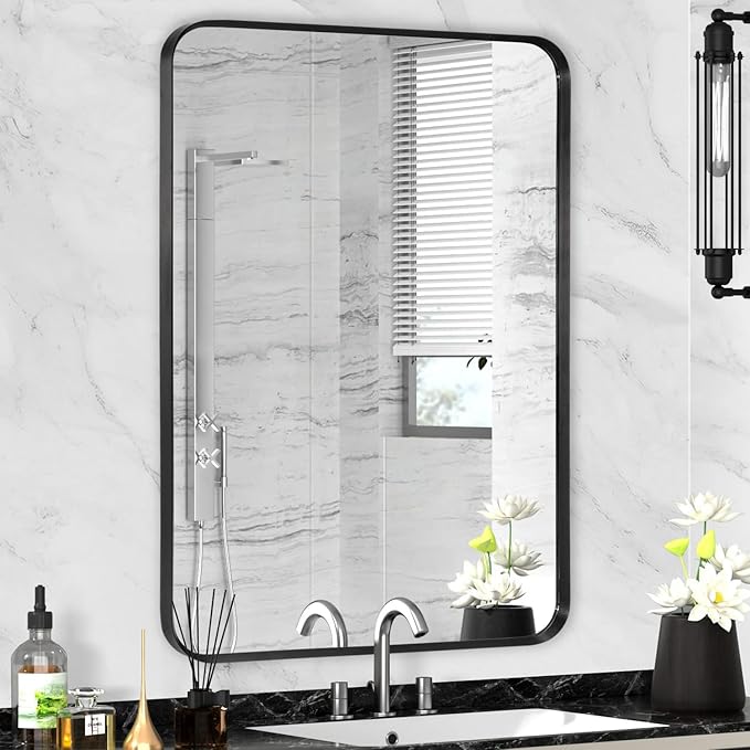 Wall Mount Mirror for Bathroom, Brushed Black Metal Framed Rounded Corner by Minuover