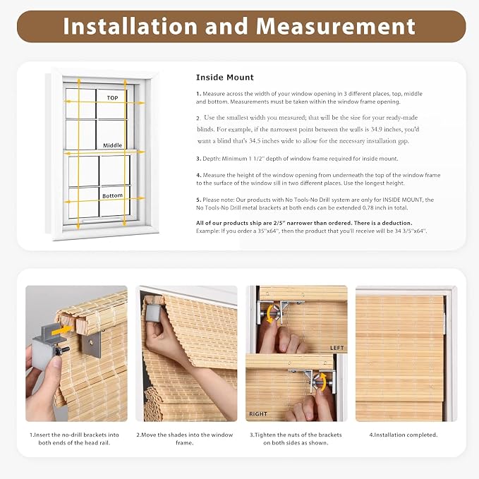 LazBlinds No Tools No Drill Cordless Bamboo Roman Shades, Privacy Blinds - Image 3
