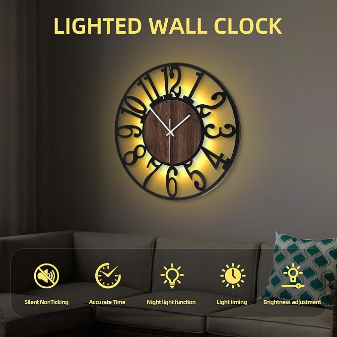 LEIKE Large Wall Clock 24'' Lighted Rustic Wood Clock - Image 4