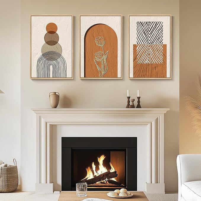 Framed Boho Abstract Wall Art Bedroom, 3 Piece Neutral Orange Paintings Prints - Image 4