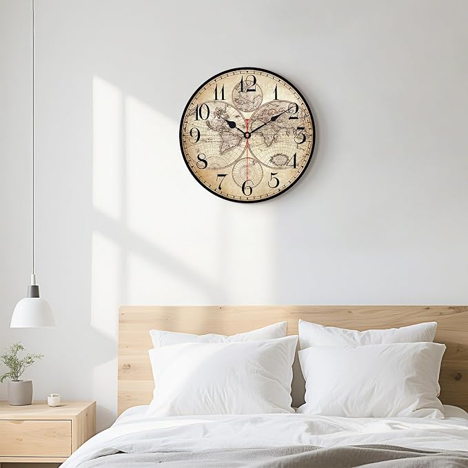 14 Inch Wooden Wall Clock Globe World Map Retro Vintage Rustic Wall Clocks - Image 8