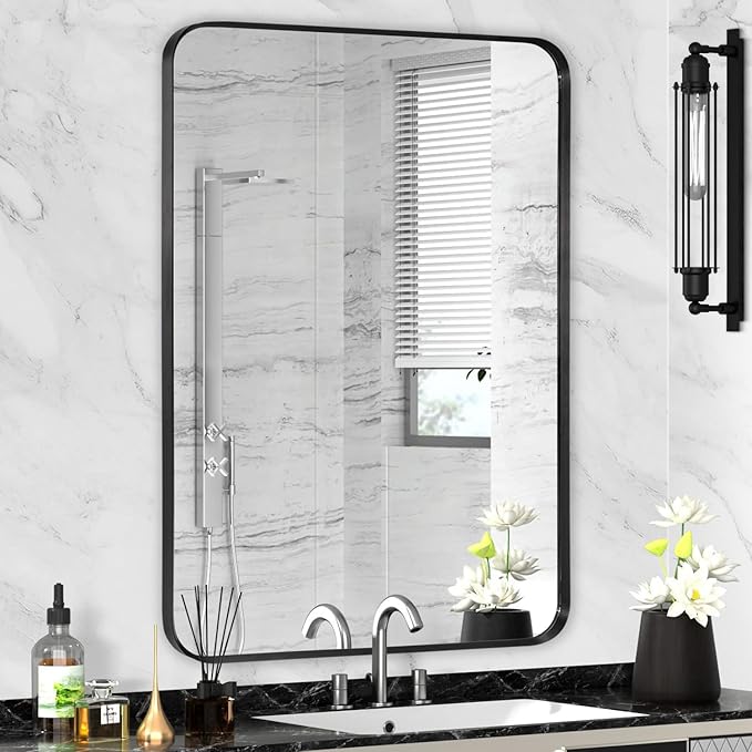 Wall Mount Mirror for Bathroom, Brushed Black Metal Framed Rounded Corner by Minuover