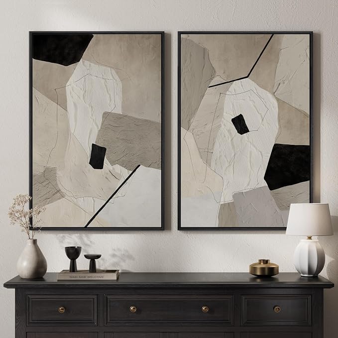 Framed Neutral Beige and Black Abstract Wall Art by MXART