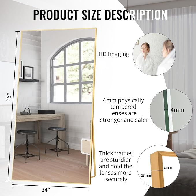 Beauty4U Full Length Mirror 76" x 34", Large Floor Mirror - Image 3
