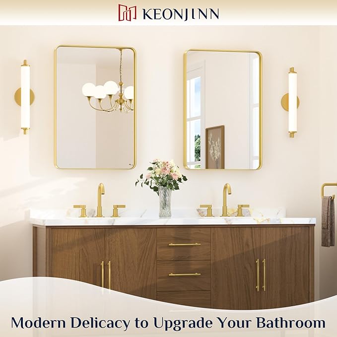 Keonjinn Gold Bathroom Mirrors for Wall 20 x 30 Inch Rounded Rectangle Gold - Image 2