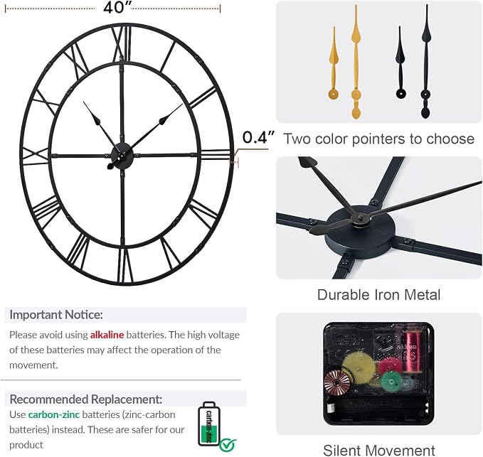 40 Inch Large Wall Clock for Living Room Decor – Easy-Assembly Silent - Image 2