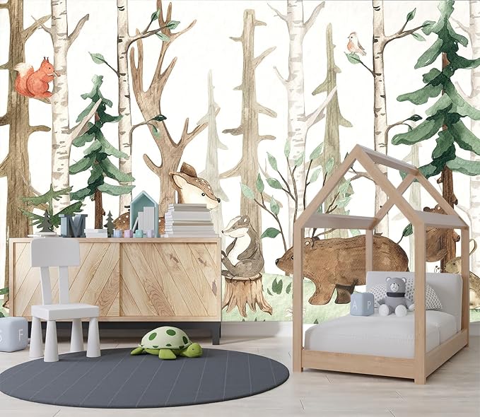 XMPMBM-Cartoon Hand-Painted Animals Woodland Nursery Room Fabric Wallpaper - Image 3