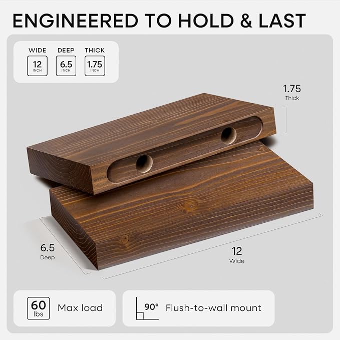 Homeforia Classic Walnut 12 inch Floating Shelf, High End Solid Real Wood Small - Image 2