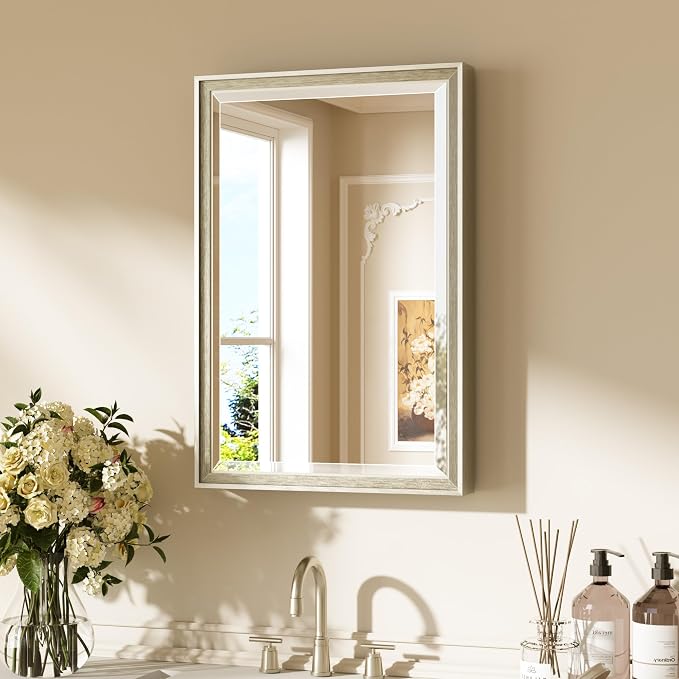 Keonjinn 16" x 24" Brushed Nickel Framed Mirror, Decorative Aluminum Alloy Frame by Keonjinn