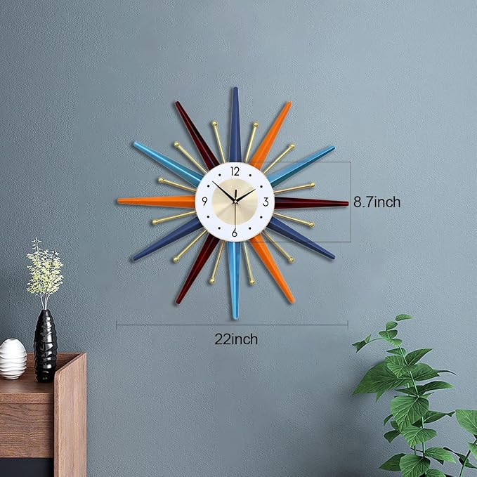 FIELDY Large Wall Clock 22 Inch Mid Century Wall Clocks Starburst Clock Non - Image 6