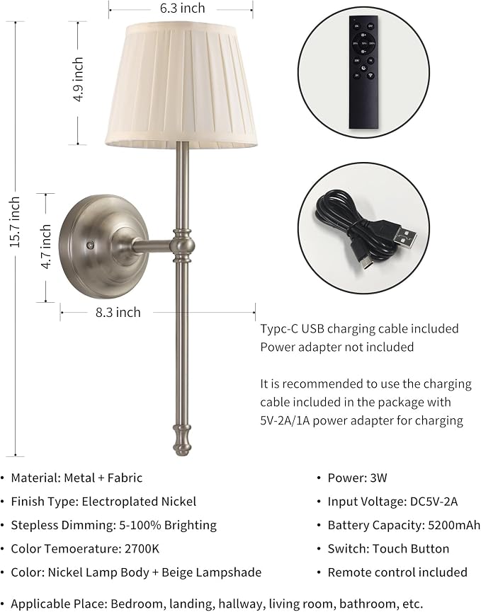 KDG Cordless Wall Sconces Set of 2, Small Wireless 5200mAh Rechargeable Battery - Image 5