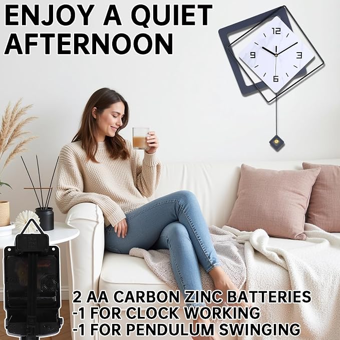 Wall Clock with Pendulum, Silent Quality Quartz Battery Operated, Metal Modern - Image 4