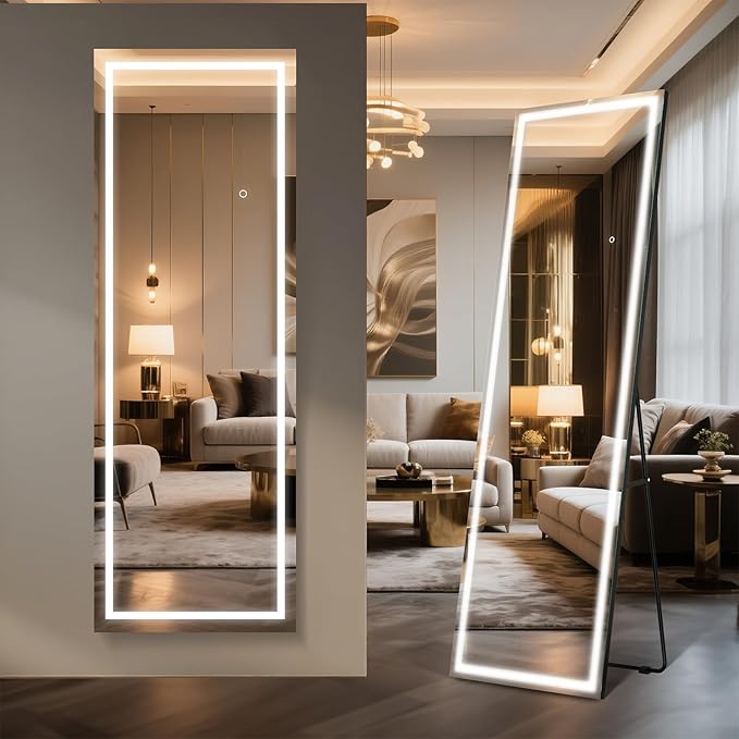 Kosmonia 63x24 Frameless Full Length Mirror, Dimmable 3 Color LED Light by Kosmonia