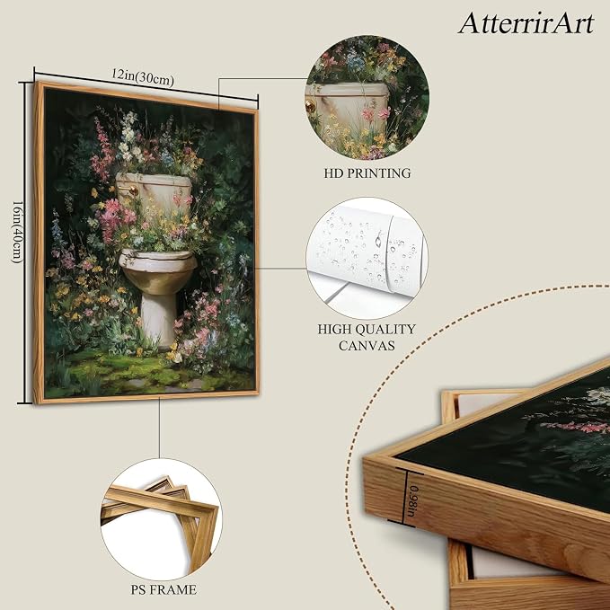 AtterrirArt Framed Funny Bathroom Wall Art, 12 * 16inch, Vintage Toilet Bowl - Image 4