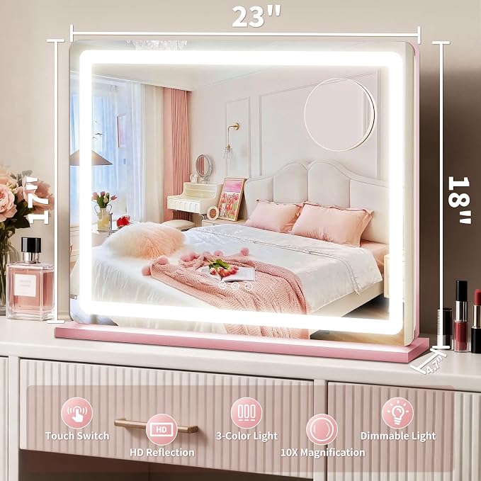 ROLOVE Pink Makeup Mirror with Lights, 23x18 Inch - Image 3