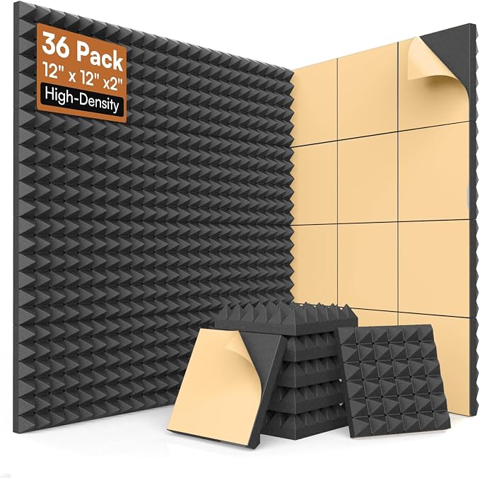 SD SODOCT 36 Pack 12 x 12 x 2 Inches Pyramid Acoustic Foam Panels, High Density by SODOCT