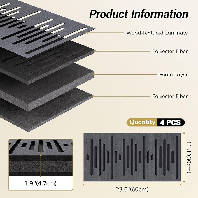 TONOR 4-Pack Acoustic Wood Wall Panels, 23.6” * 11.8” * 1.9” 3D Self-adhesive - Image 2