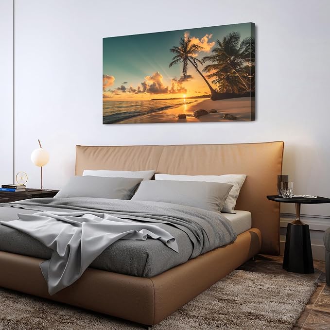 Beach Wall Art Palm Tree Pictures Sunset Coastal Landscape Bathroom Wall Decor - Image 6