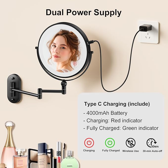 9" Wall Mounted Lighted Makeup Mirror, 4000mAh Rechargeable Double Sided 1X/10X - Image 4