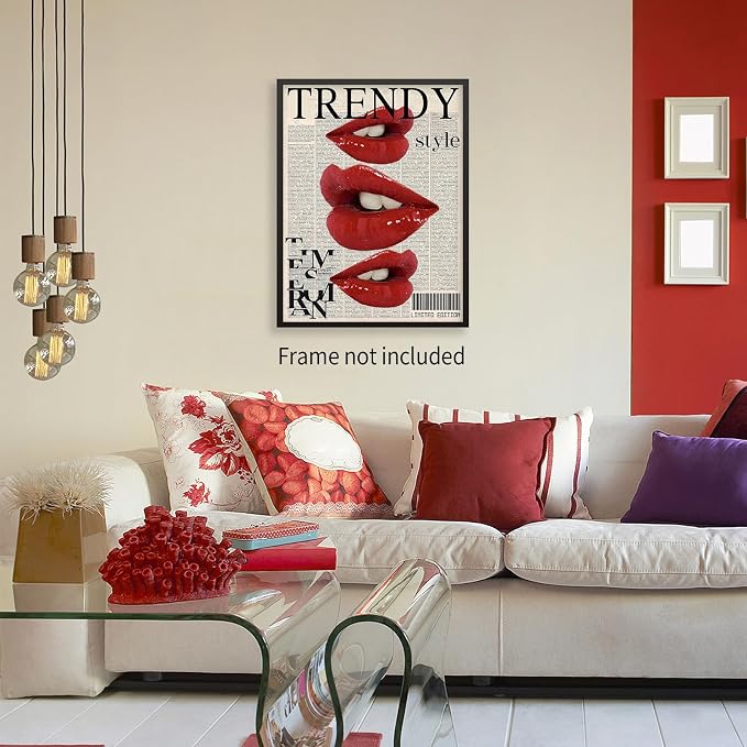 jkahh Trendy Y2k Newspaper Wall Art Vintage Red Lips Kiss Prints Poster Fashion - Image 6
