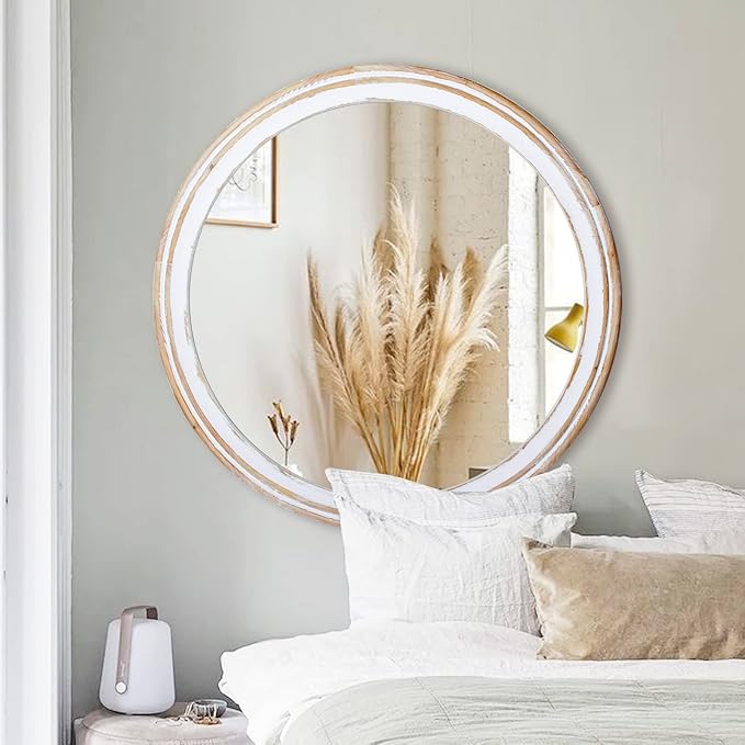Reflinto 30 Inch Rustic Farmhouse Wooden Round Mirrors - Image 2