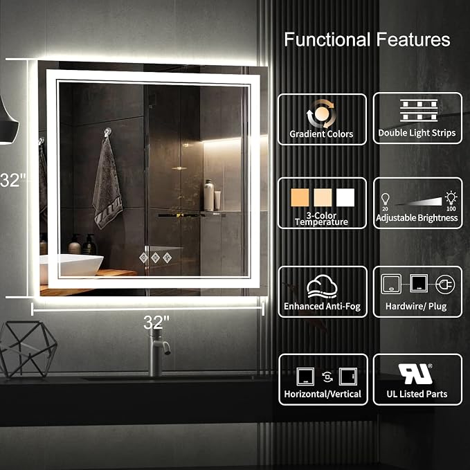 LED Bathroom Mirror, 32x32 Inch Gradient Front and Backlight Lighted Vanity - Image 2