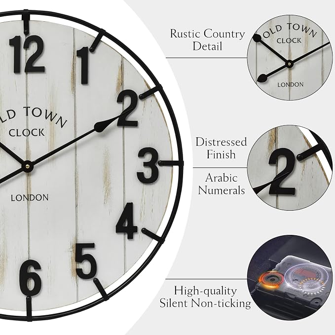 Large Old Town Farmhouse Wall Clock – 24 Inches Rustic Antique Wood - Image 5