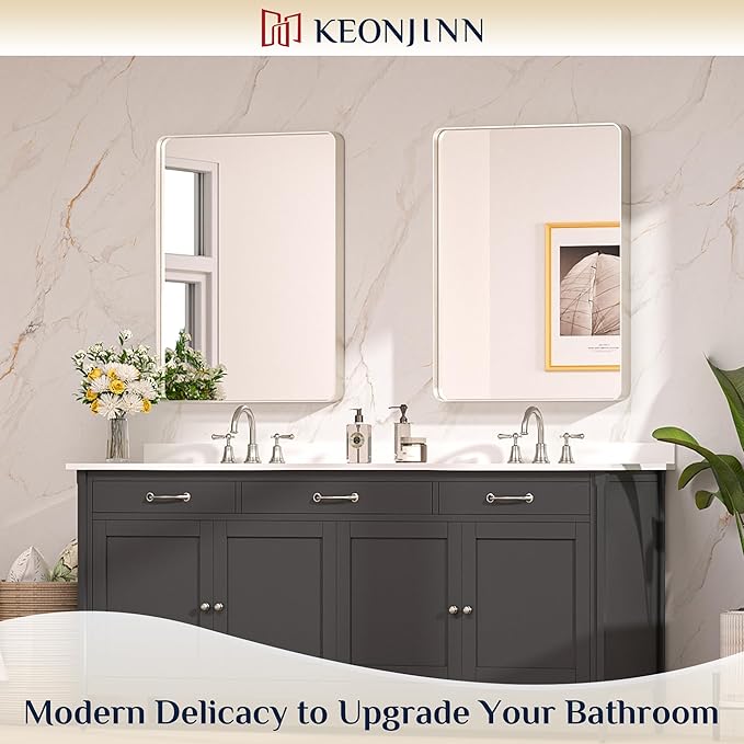 Keonjinn Brushed Nickel Mirror 24 x 32 Inch Silver Bathroom Mirror - Image 2