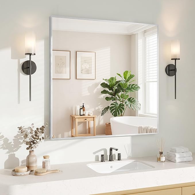 Koonmi Silver Rectangle Wall Mirror, 30x30 Inch Bathroom Mirror, Aluminum Frame by KOONMI