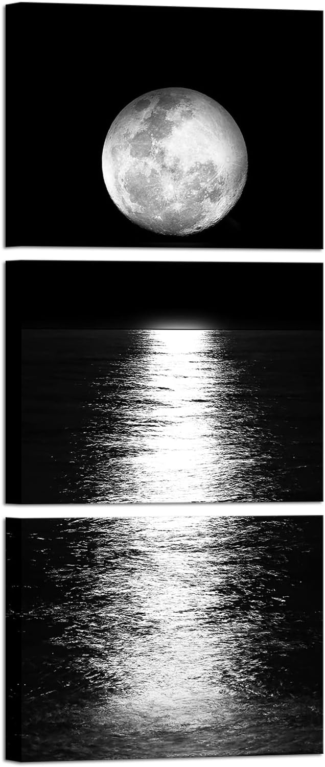 Artmyharbor Full Moon Phase Canvas Wall Art Vertical Black and White Picture by Artmyharbor
