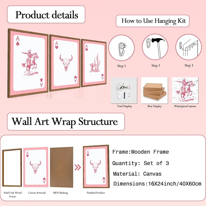 Set of 3 Western Cowgirl Wall Art Pink Bull Skull Wall Decor Painting - Image 3