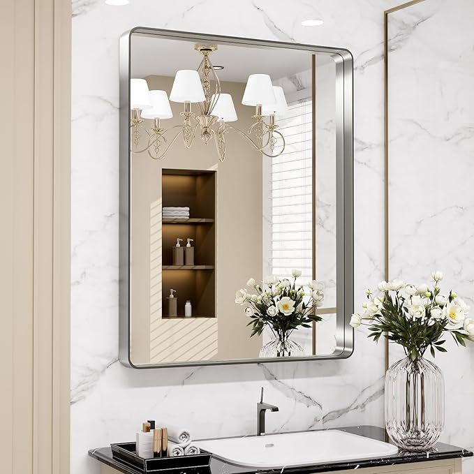 LOAAO 24X36 Inch Brushed Nickel Bathroom Mirror, Rounded Rectangle Silver Metal - Image 7